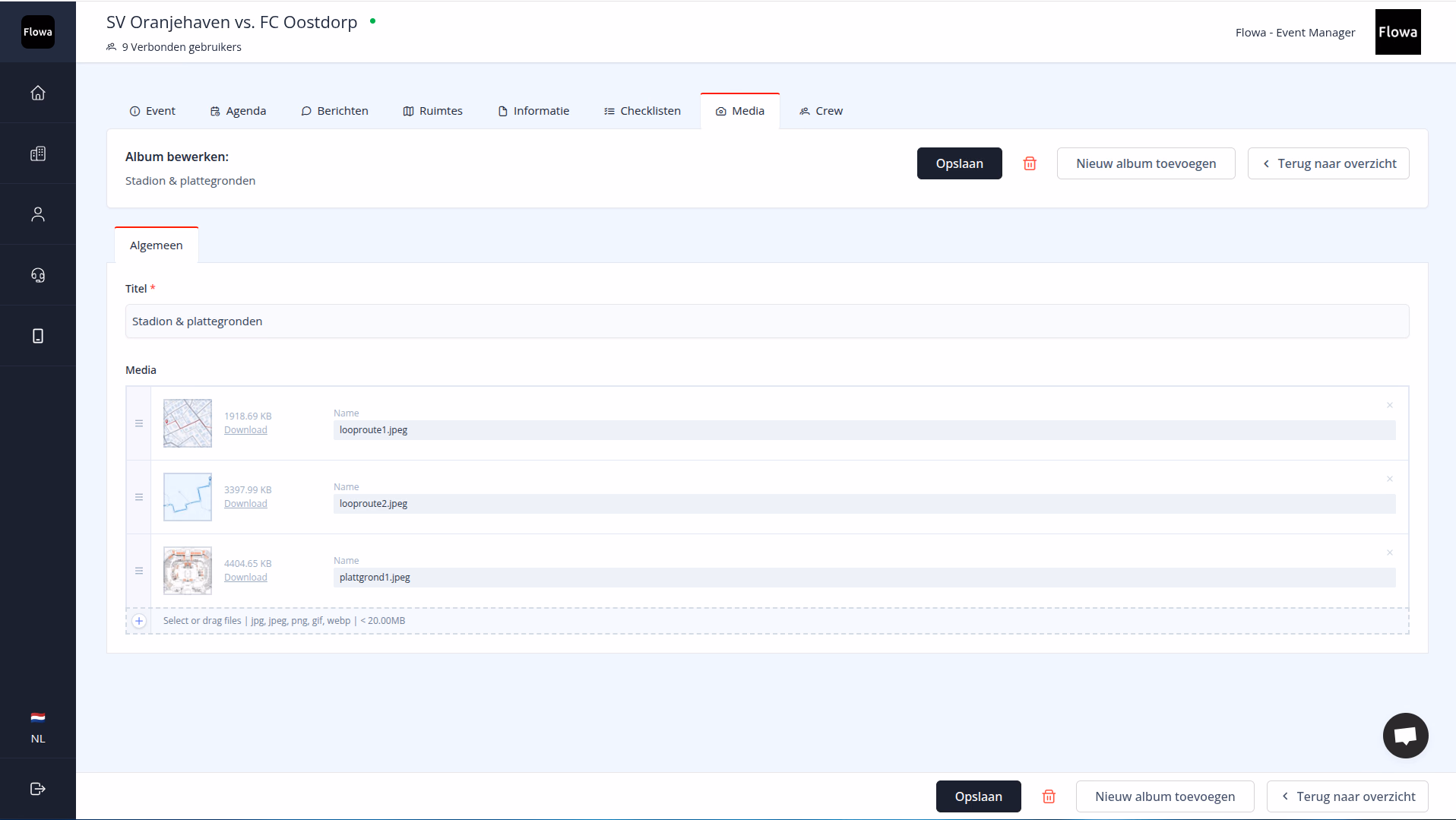 Flowa-dashboard met de bijlages van een wedstrijddag