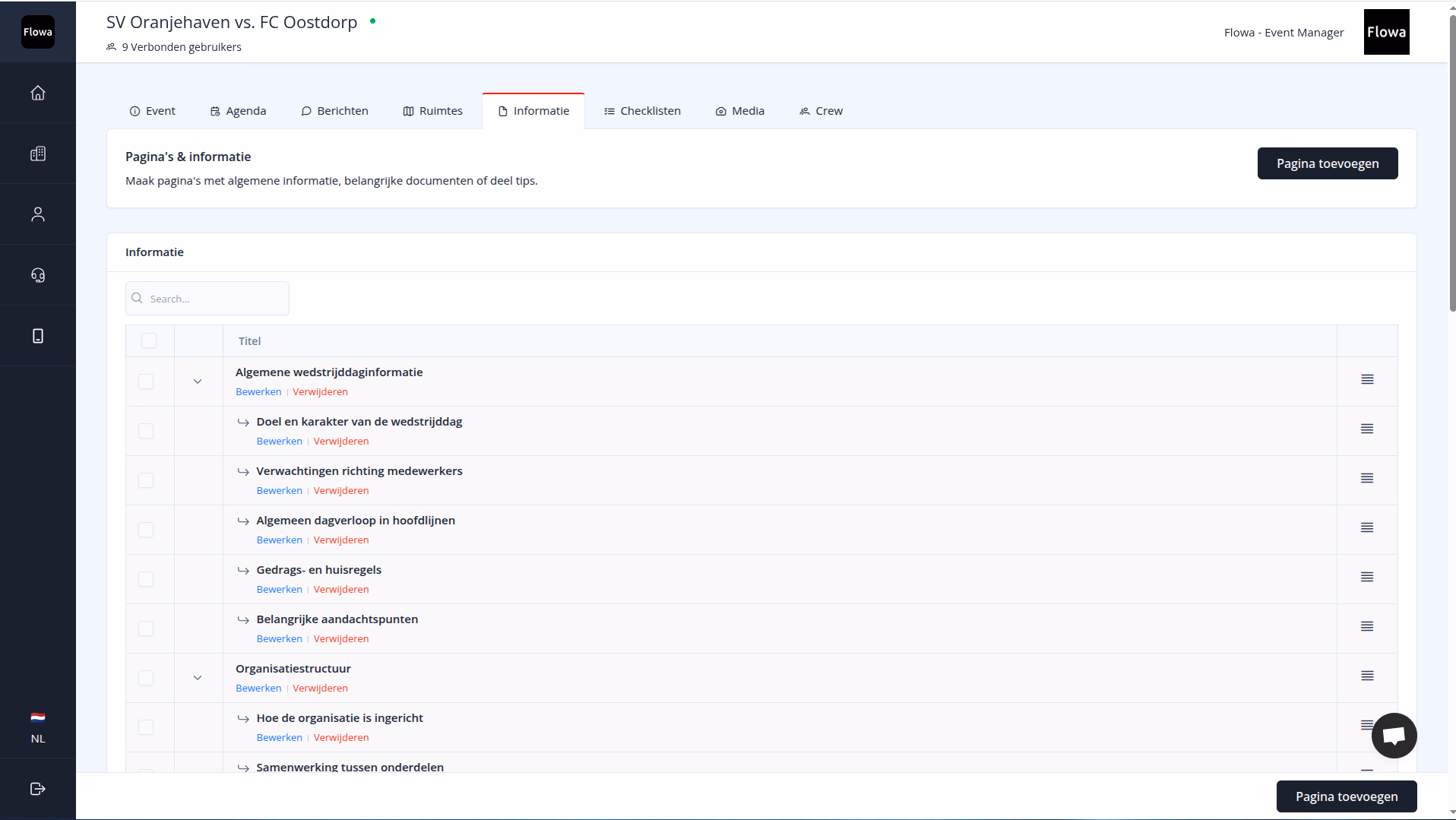 Flowa-dashboard met de informatie van een wedstrijddag